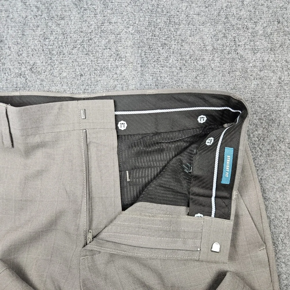 Haggar Mens Straight Fit Dress Pants Tan Plaid Checked Trousers